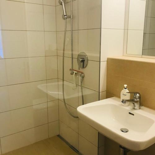 a bathroom with a shower and a sink at Laax Rancho Studio Apartment in Laax