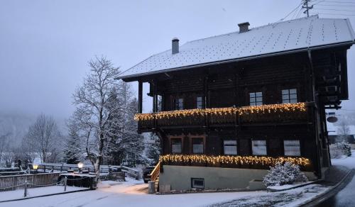 a building covered in christmas lights in the snow at Haus Zedlacher in Patergassen
