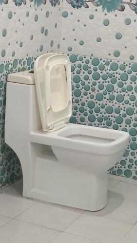 a white toilet in a bathroom with green dots on the wall at Pushkar Prime Resort in Pushkar