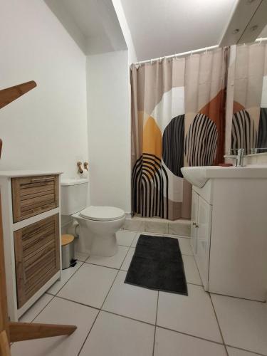 a bathroom with a toilet and a shower curtain at Logement chaleureux confortable - 2 chambres - Aveline in Petit-Canal