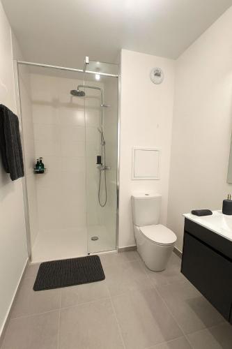 Cozy F2 Apartment La Queue en Brie في La Queue-en-Brie: حمام مع دش ومرحاض ومغسلة