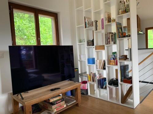 Arni AlpCrans-Montana Chalet dans la nature ski in ski out的客厅配有平面电视和书架。