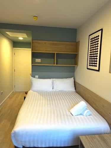 una camera da letto con un grande letto bianco in una stanza di Queen Street Place a Galway