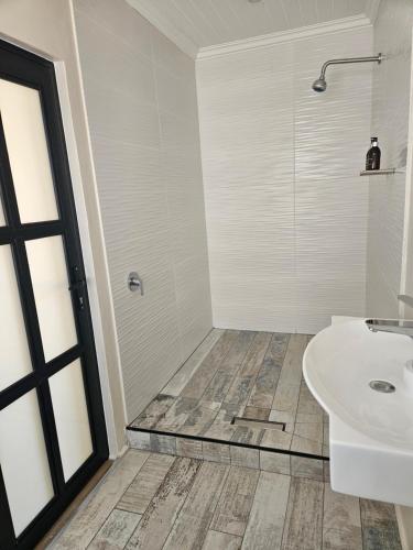 un bagno bianco con lavandino e doccia di West Coast Beachfront a Velddrif