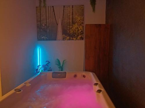 una vasca da bagno con luci rosa in un bagno di Maison avec jacuzzi a Saint-Mitre-les-Remparts