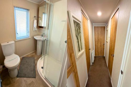 a bathroom with a toilet and a glass shower at Meadows 90 - Southview Holiday Park Skegness in Skegness