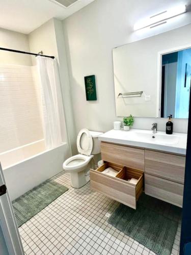 a bathroom with a sink and a toilet and a mirror at Monochrome Den in Des Moines