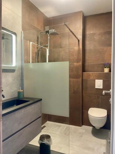 a bathroom with a toilet and a glass shower at Villa Anni in Kremena