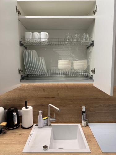 a kitchen counter with a sink and a shelf with dishes at Centro apartamentai in Radviliškis