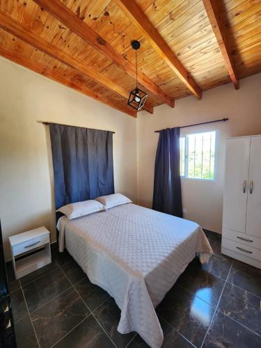 een slaapkamer met een bed en een houten plafond bij Complejo Altavista in La Falda