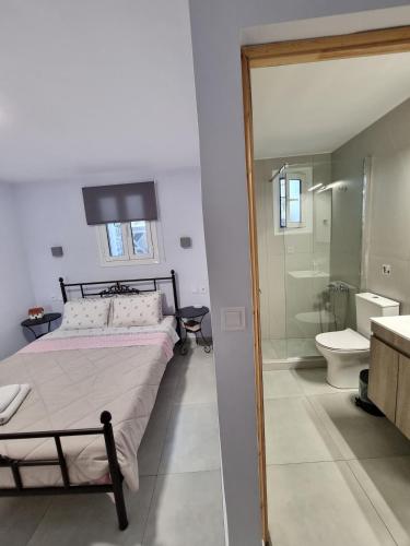 a bedroom with a bed and a shower and a toilet at Aeolus Apartment I in Galaxidi