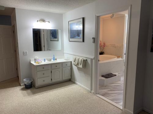 a bathroom with a sink and a tub and a mirror at Mountain Harbour B&B in Roan Mountain