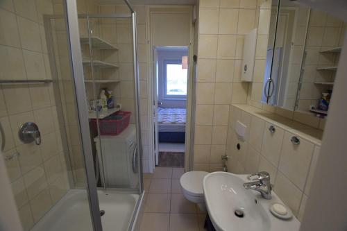 ein Badezimmer mit Waschbecken, Toilette und Dusche in der Unterkunft Hohes Ufer Mare Nostrum in Hohwacht
