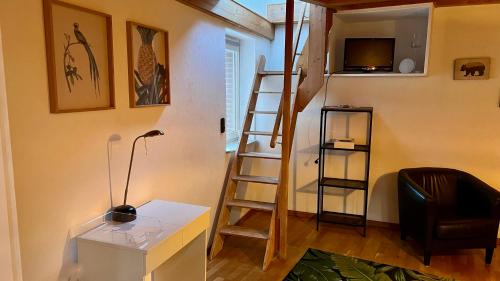 a living room with a ladder and a tv and a stair case at Schöne Ferienwohnungen -bis zu 4 Personen 70qm2- in Oldenburg Eversten in Oldenburg
