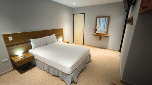 a bedroom with a large white bed and a mirror at Hotel Parguito in La Sabana