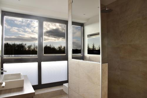 een badkamer met een douche, een wastafel en ramen bij Logierhaus Friedrich WE 24 - "Sandläufer" in Zingst