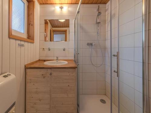 a bathroom with a shower and a sink and a toilet at Ferienhaus im Ferienpark Mirow in Granzow