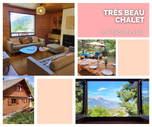 un collage de fotos de una sala de estar y una casa en Chalet lumineux et spacieux entre Risoul Vars et les stations du Queyras, en Guillestre