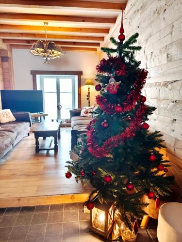 - un arbre de Noël dans le salon dans l'établissement Gîte de Charme nature, calme, randonnée et air pur, à Le Valtin