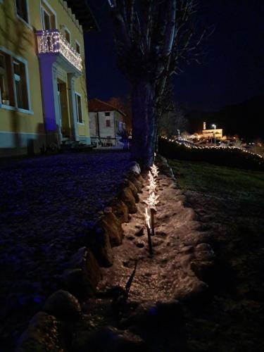 un árbol frente a un edificio por la noche en Villa Emilia nelle Dolomiti, en Domegge di Cadore