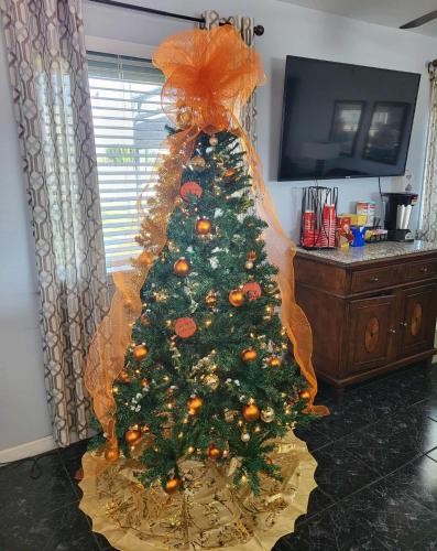 a christmas tree sitting in a living room at Venice Inn Motel in Venice