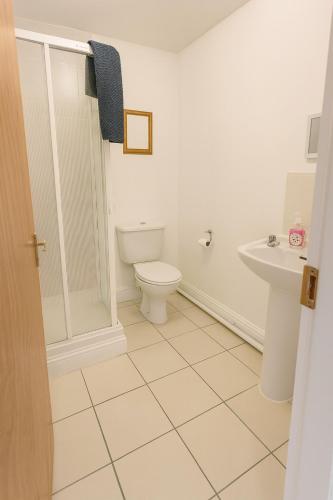 a bathroom with a toilet and a sink at Quiet 2-Bed Suburb Stay, Free Parking & Near City in Cork