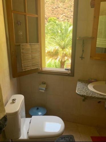 a bathroom with a toilet and a sink and a window at Wahnon Guesthouse in Paul