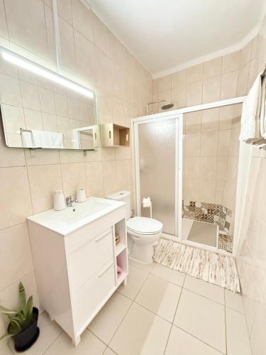 a bathroom with a toilet and a sink and a shower at Casa D'Olívia in Carrapateira