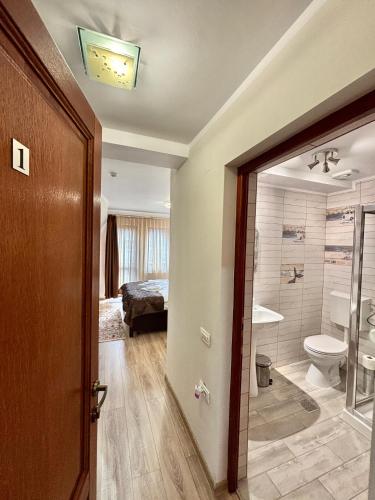a bathroom with a toilet and a sink and a shower at Casa Adrian in Predeal