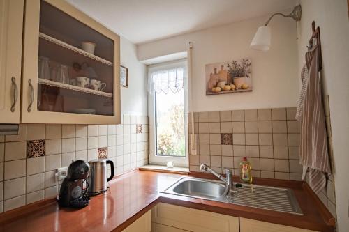 eine Küche mit Spüle und Fenster in der Unterkunft Am Feigenbaum in Albisheim
