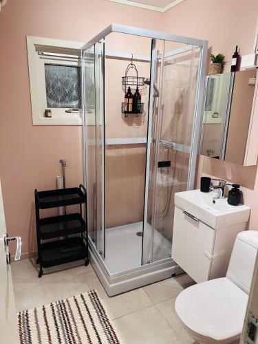a bathroom with a shower and a sink at Strandveien apartment in Narvik