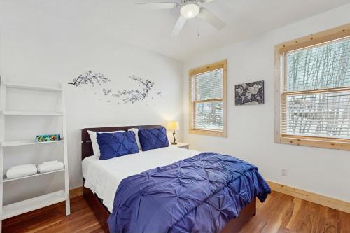 麦克亨利Wind in the Trees的一间卧室，里面有一张床和一个吊扇