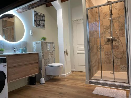 ein Badezimmer mit Dusche, Toilette und Waschbecken in der Unterkunft Le Cormontaigne - Metz - 6P in Metz