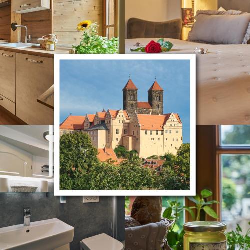 a collage of photos with a picture of a castle at Schinkel Ferienunterkünfte Quedlinburg UNESCO Altstadt, Parkplatz inkl in Quedlinburg