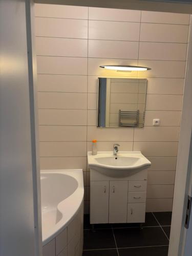 a bathroom with a sink and a tub and a mirror at Zahradní Apartments in Františkovy Lázně