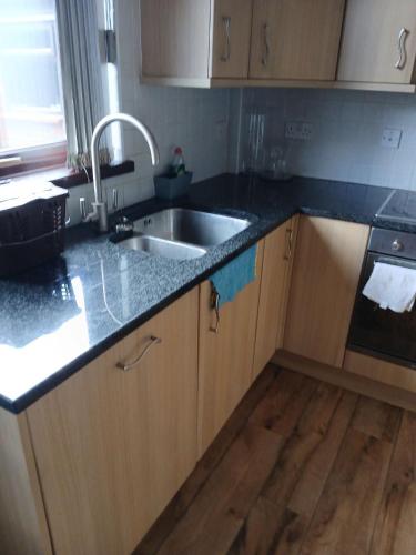 a kitchen with a sink and wooden cabinets at Nature City Blend Cozy 3 BR in Belfast