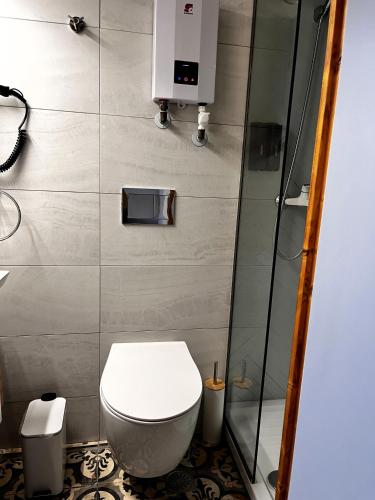 a bathroom with a toilet and a shower at Apartment Studio 6 in Mytilene