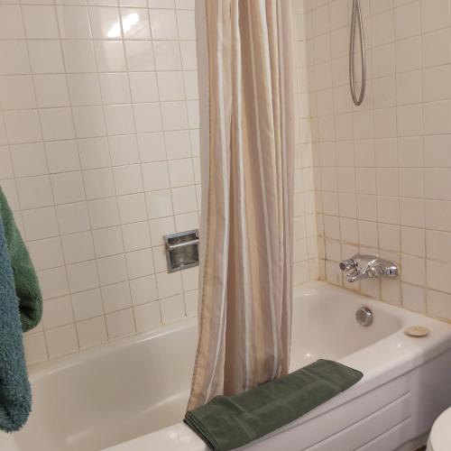 a bathroom with a bath tub with a shower curtain at Alpine Lodge Motel & Restaurant in Grande Cache