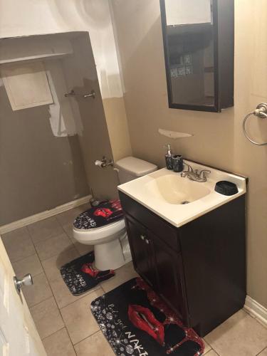 a bathroom with a sink and a toilet and a mirror at 420 Friendly 12 PM Check Out 1 Bedroom Basement in Chicago