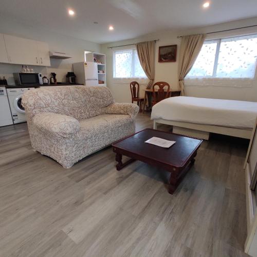 a living room with a couch and a bed and a table at Quiet 40m Studio - Kitchen, Washer, AC, Work Desk in Auckland