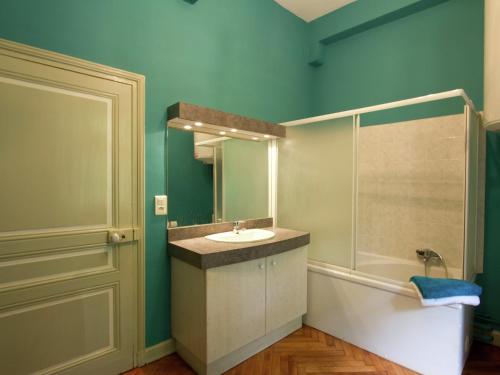 Un baño con lavabo y ducha en House in France with Pool and Views, en Serrières-en-Chautagne