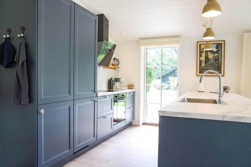 尼克宾西兰岛11126-1-Nykobing-Sj-Slaenhaekken-18的带蓝色橱柜和水槽的厨房