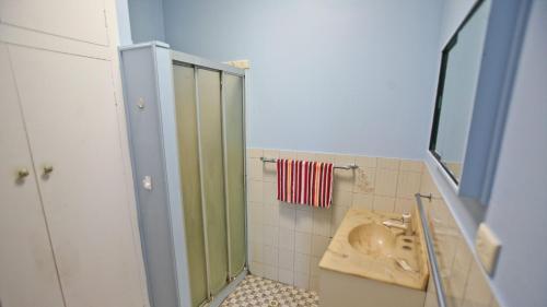 un bagno con lavandino e doccia di Fisherman's Cabin - 11 Mill Street Affordable, fishing friendly a Bermagui