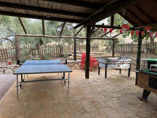un tavolo da ping pong in un padiglione in un giardino di Casa Rural Privada Belén a Pruna