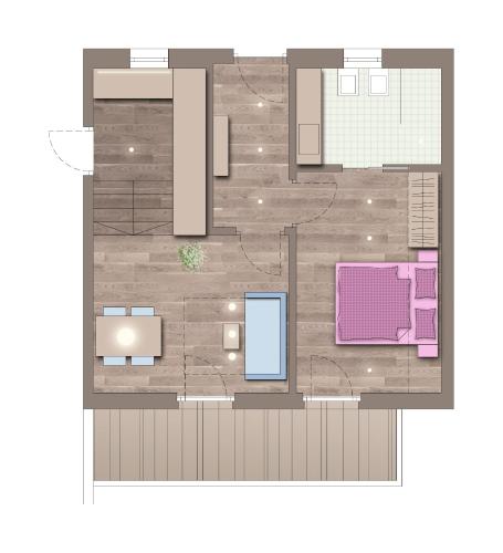 a floor plan of a room with purple furniture at Alpin Relais B&B Villa Melisse in Colfosco