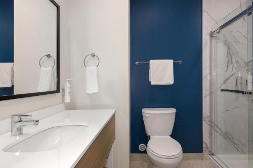 モントリオールにあるSpark By Hilton Montreal Midtownのトイレ、洗面台、シャワー付きのバスルーム