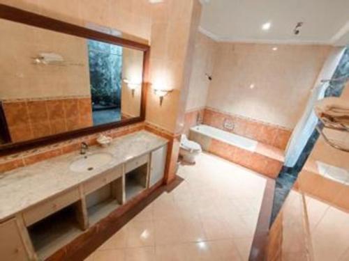 a bathroom with a sink and a mirror and a tub at The Oxalis Regency Hotel in Magelang