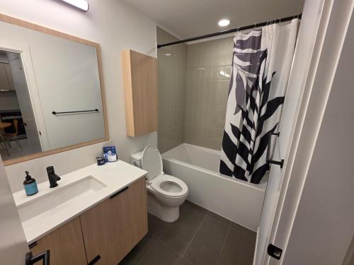 a bathroom with a sink and a toilet and a mirror at 2 bedroom heart of Central Surrey in Surrey
