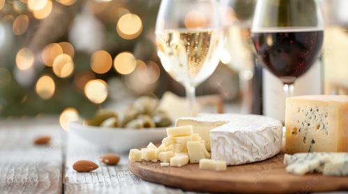 波普拉德Apartment Poprad - Tatra Elegant, Near High Tatras, Free Parking, Modern Stay的一块奶酪和一杯葡萄酒