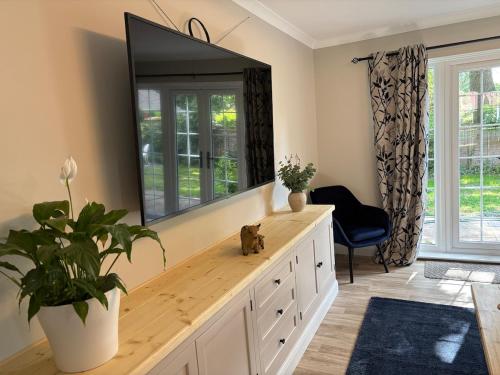 a room with a large mirror and a cat sitting on a dresser at Birch View, Woodhall Spa in Woodhall Spa